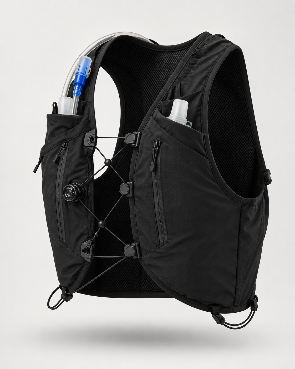 Dual 500ml front flasks sit chest-high for sips without breaking stride.