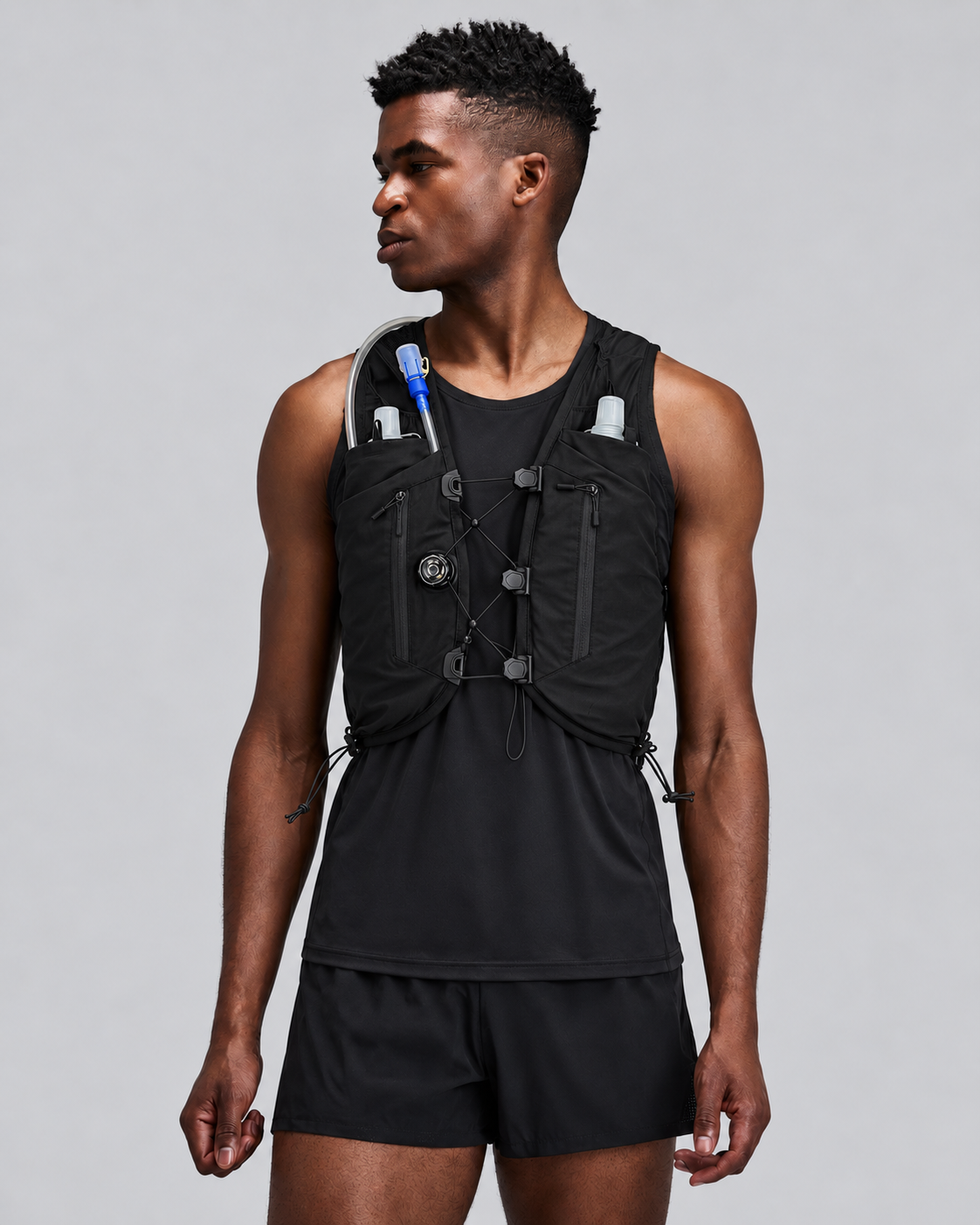Seven pockets across the harness carry a shell, gels, phone and keys.